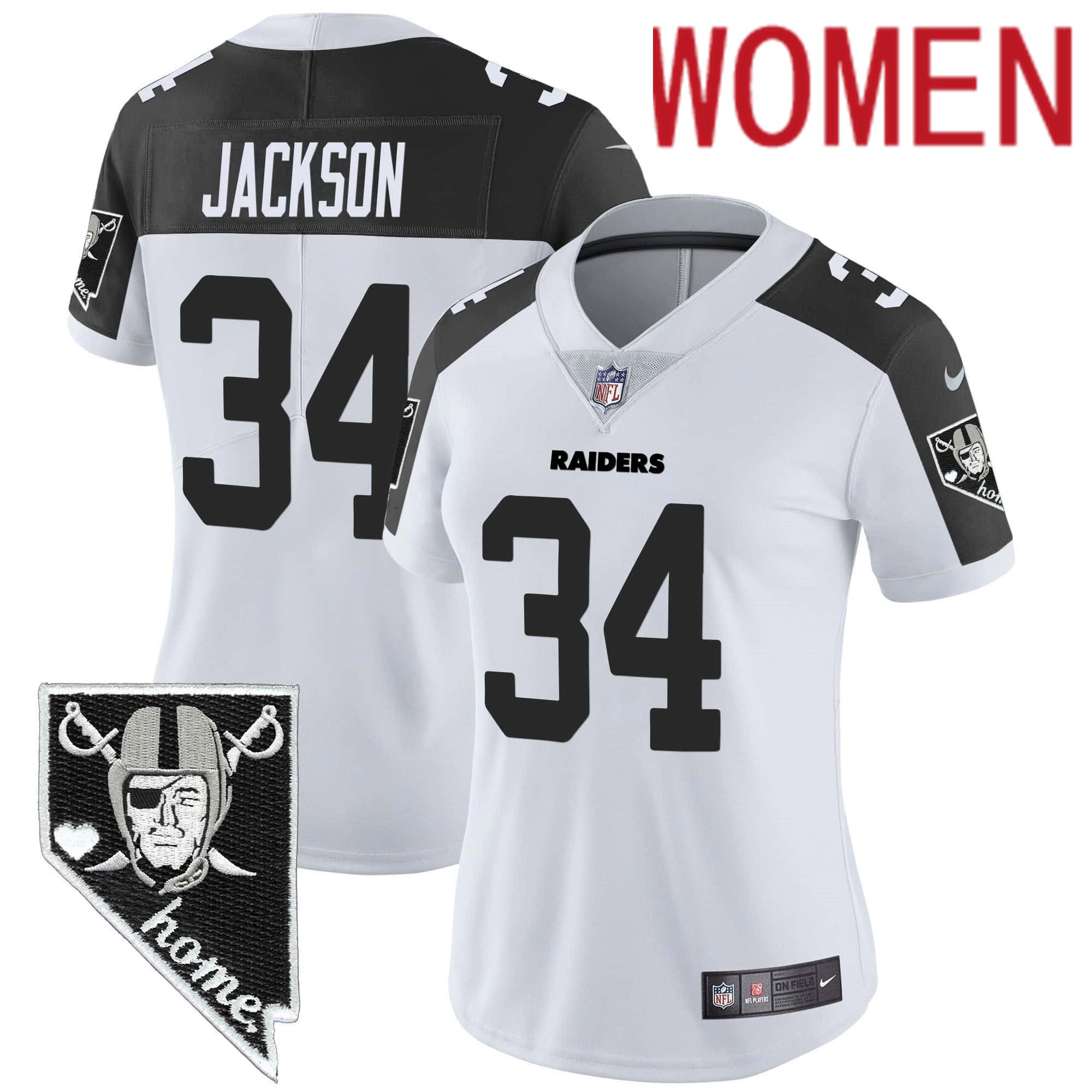 Women Oakland Raiders 34 Jackson White 2024 Nike Nevada Home Patch Vapor NFL Jersey style 1